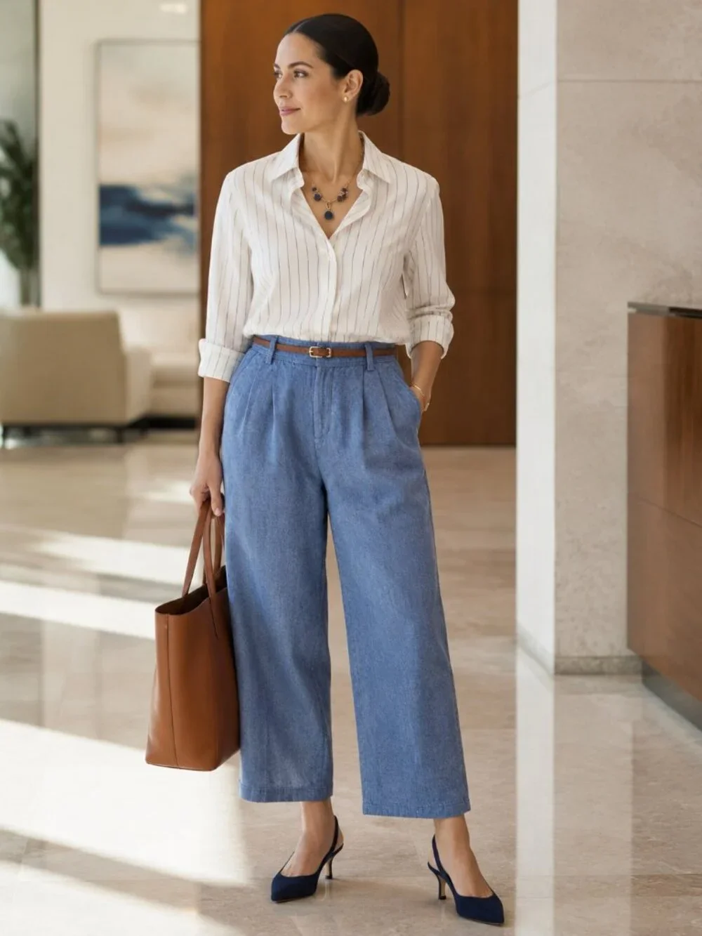 Banana Republic Linen Blend Wide Leg Pants Petite 8 Blue Herringbone High Rise